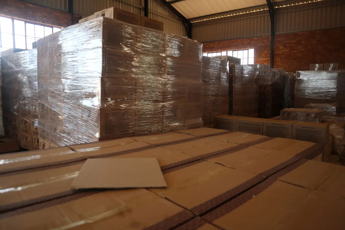 Wrapped pallets of brick tiles in the warehouse